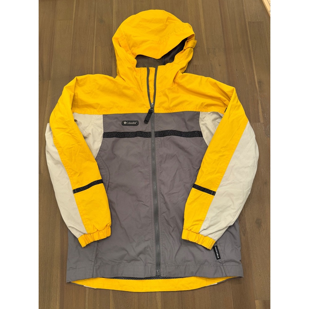 Columbia Vintage Packable Windbreaker Jacket‎ Yellow Grey Kids Youth 10/12 L